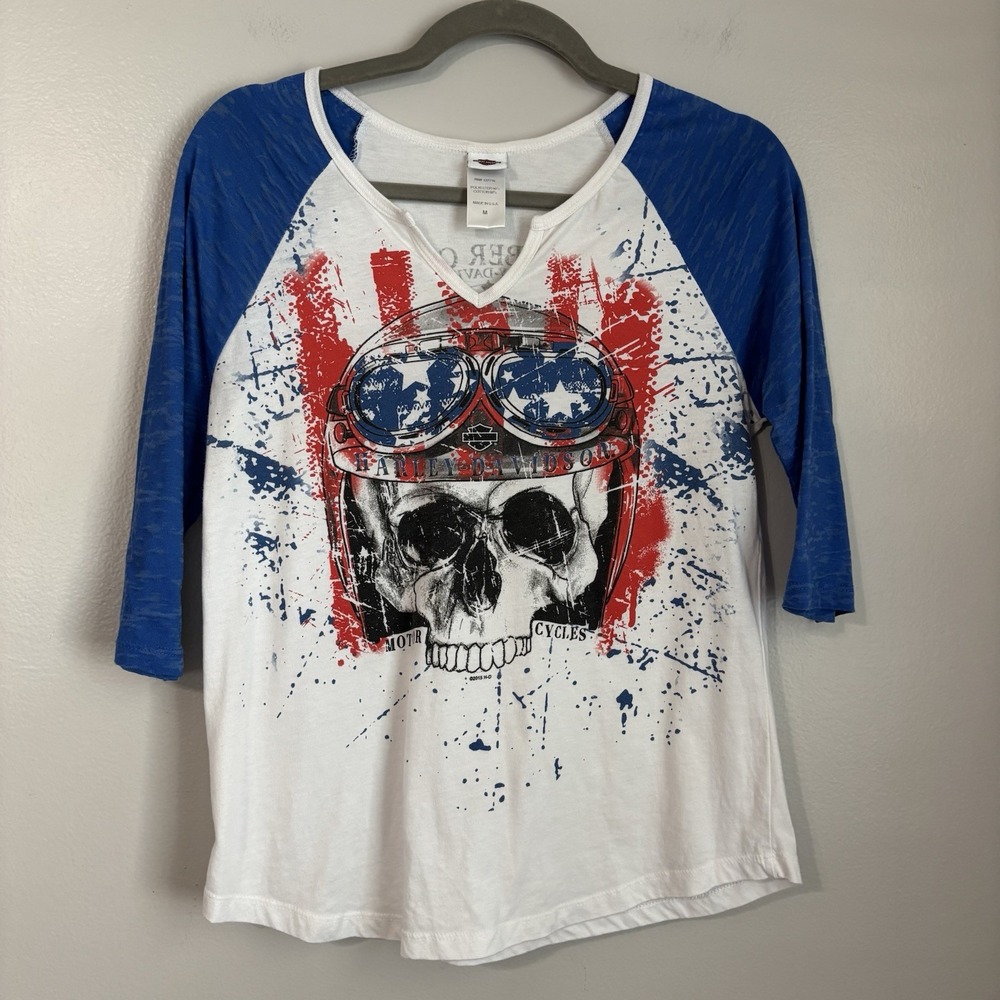 Harley Davidson Patriotic Skull Raglan Shirt Size Medium Rubber City Harley